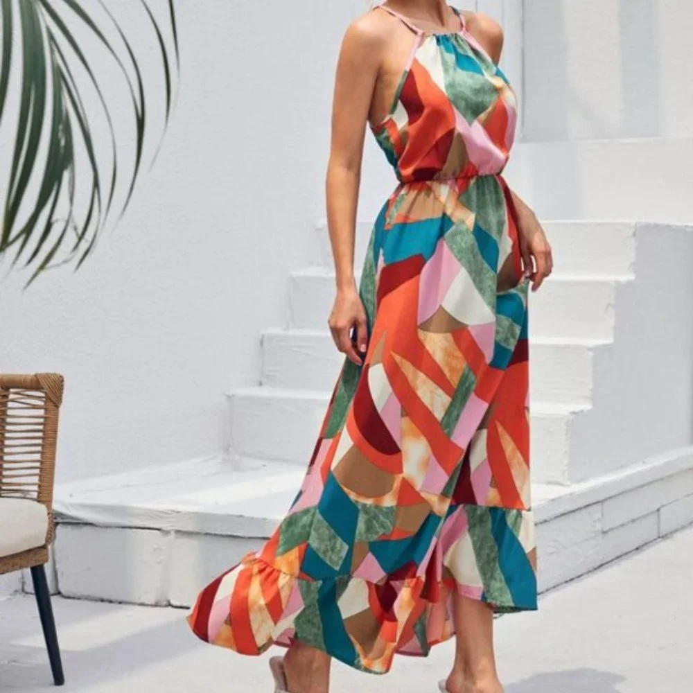 Multicolor Halter Ruffle Hem Maxi Dress - Picture 6 of 8